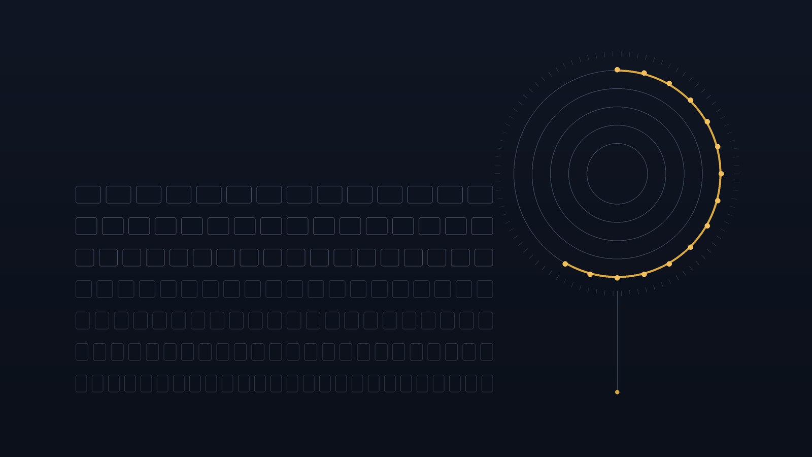 Abstract illustration in slate and gold: ordered rows of blocks forming a foundation, beside a compass-drawn engine of concentric rings traced by a gold arc